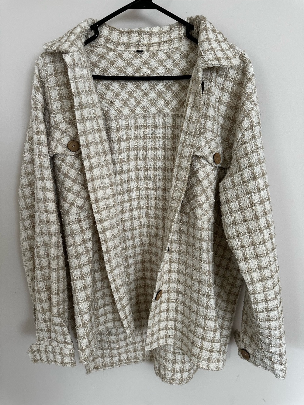 Textured Plaid Button-Front Shacket in Cream and Tan